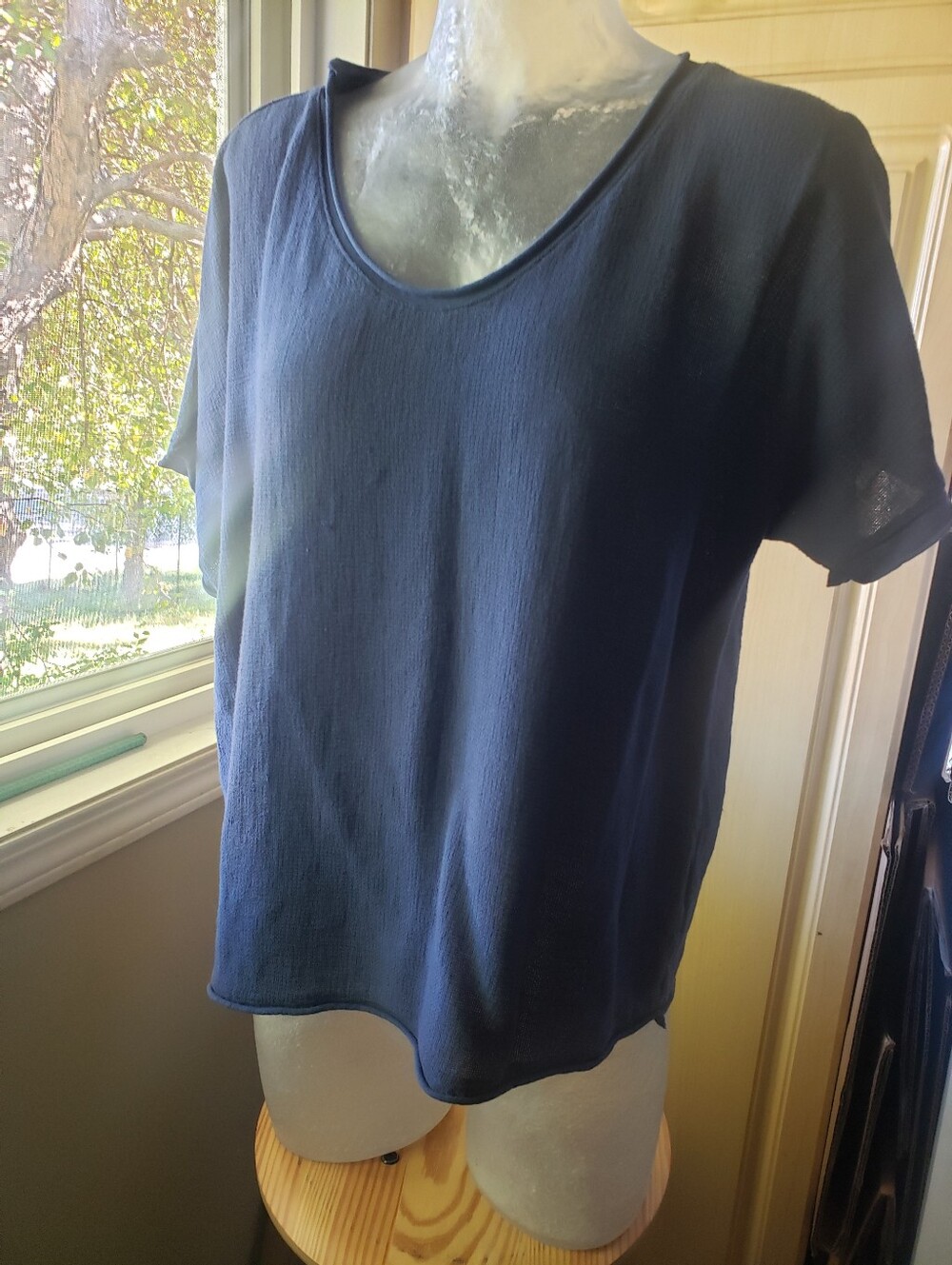 Le Nove Linen Blend Classic Women's Navy Short-Sleeve Top Made In Italy